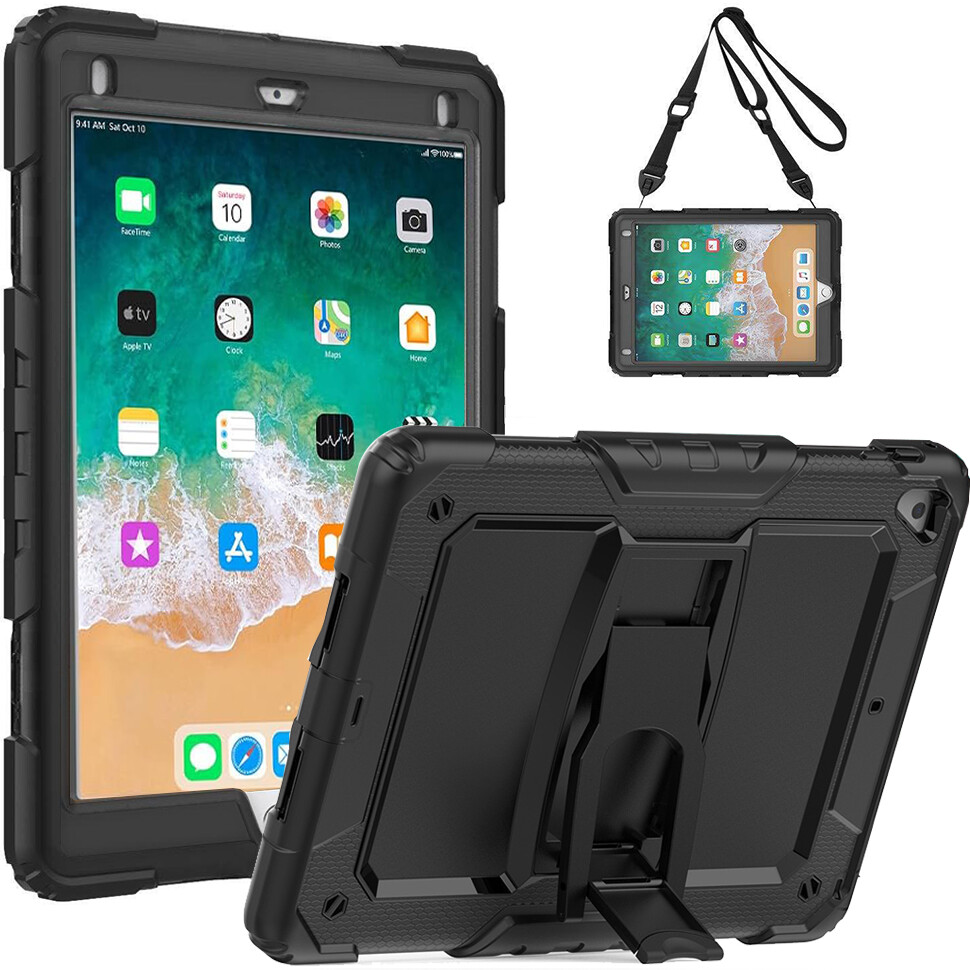 for iPad 9.7 2018/2017/iPad Air 2/iPad Air Case, Shockproof Full Body Rugged Shock Drop Protective Cover with Stand & Shoulder Strap for iPad 6th Gen/5th Gen/iPad Air 1/2
