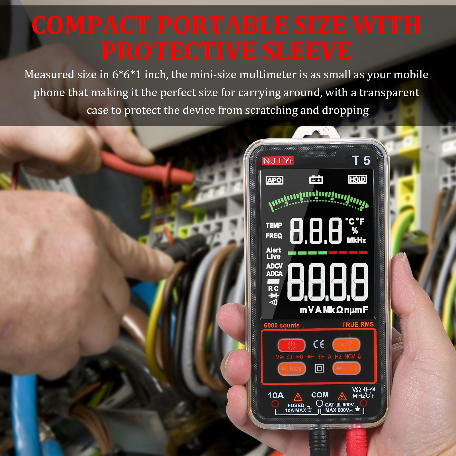 NJTY T5 6000 Counts True RMS Multimeter Digital Universal Tester 3.8-inches Large LCD Display Multi-Tester 600V Voltmeter 10A Ammeter AC/DC Voltage & Current Resistance Capacitance Temperature Diode Buzzer NCV Measurement with Dual Flashlight
