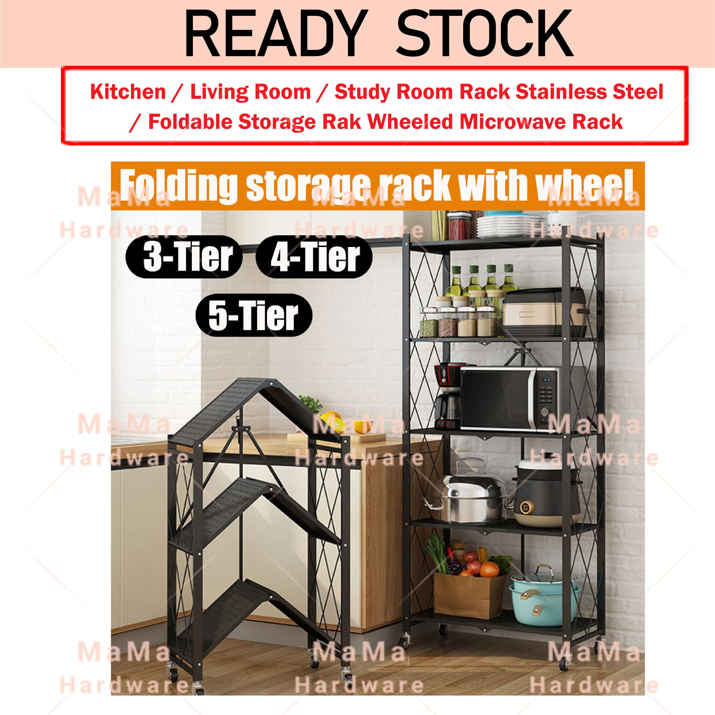 3 Tier / 4 Tier / 5 Tier Kitchen Foldable Stainless Steel Rack Storage ...