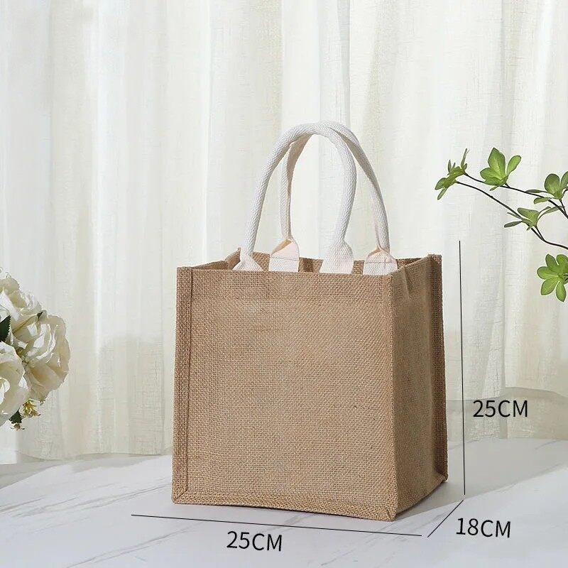 COOLDA Women's Bag linen tote bag gift bag burlap bag diy storage bag shopping bag coated burlap thickened lunch box bag（Webbing handle）