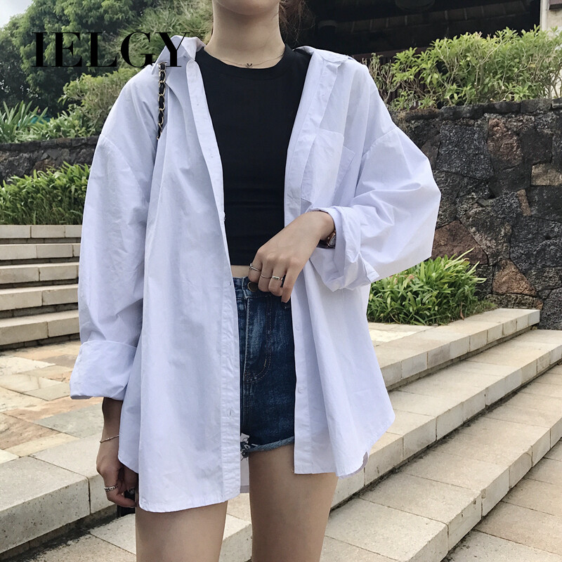 IELGY Korean style loose mid-length long-sleeved white shirt Hong Kong flavor sun protection top coat female summer