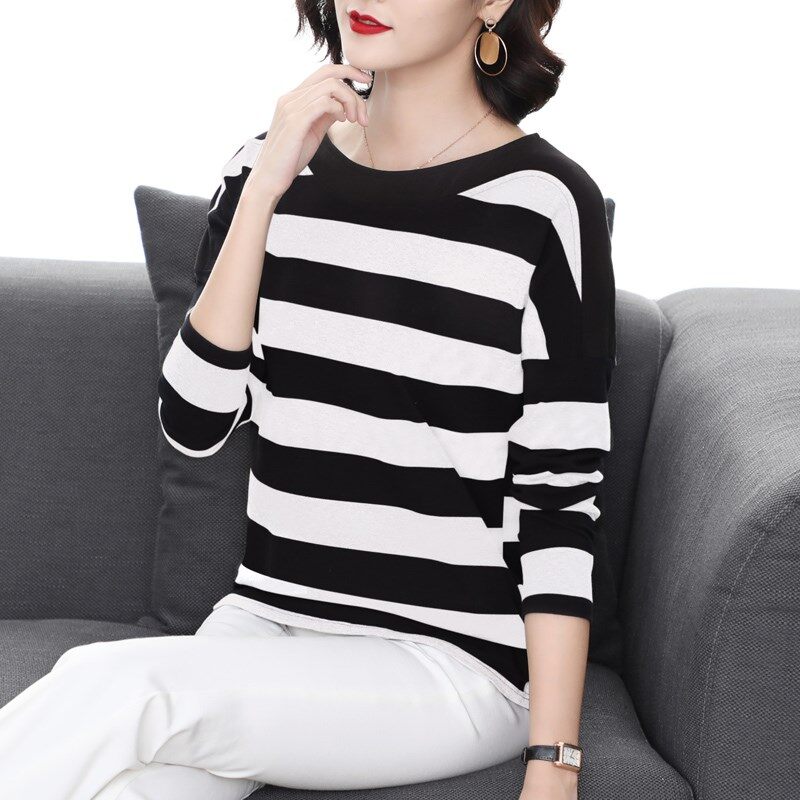 Plus Size M-5XL Pure Cotton Long-sleeved T-shirt Women Spring and Autumn Loose Casual Top Middle-aged Mother Wear Round Collar Striped Bottoming Shirt