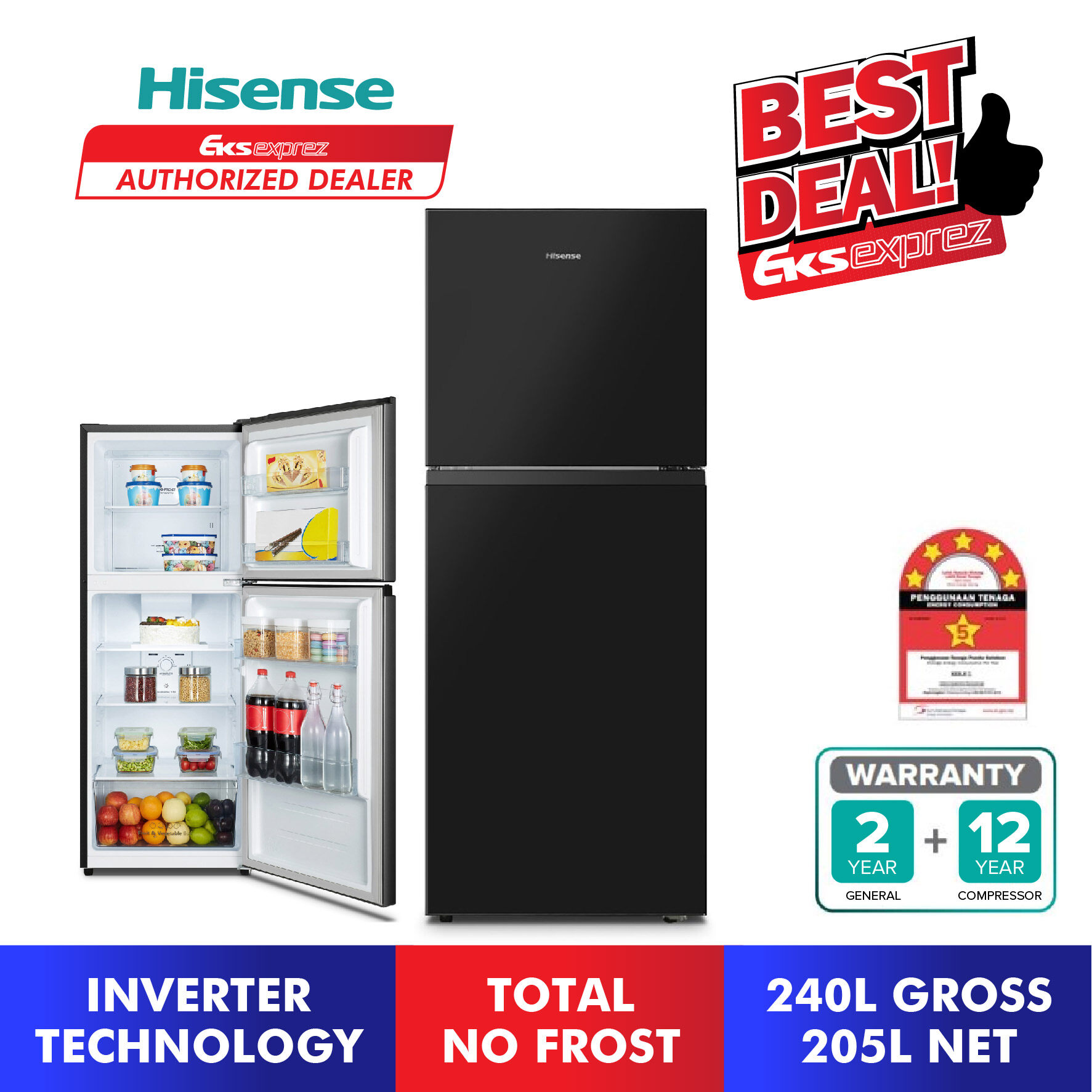 Hisense 2 Door Inverter Fridge (240L) RT286N4ABN / Refrigerator / Peti
