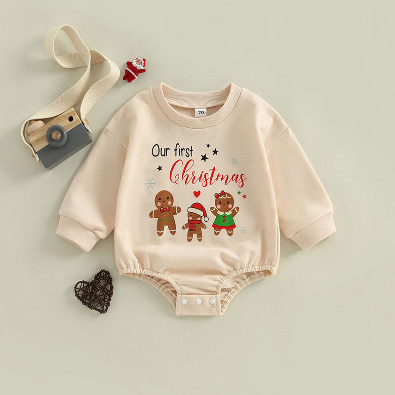 Mary 'S Baby Christmas Romper,แขนยาวคอกลม Gingerbread Man Letter พิมพ์
