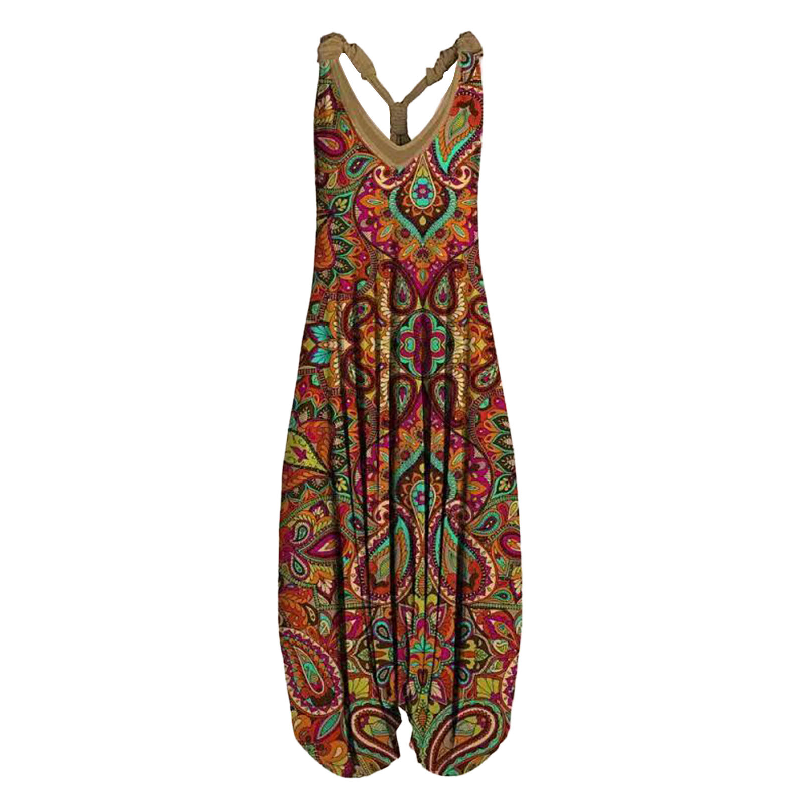 Fashion jumpsuit Women Jumpsuit Vintage Pattern Loose Summer V Neck Backless Jumpsuit Streetwear
