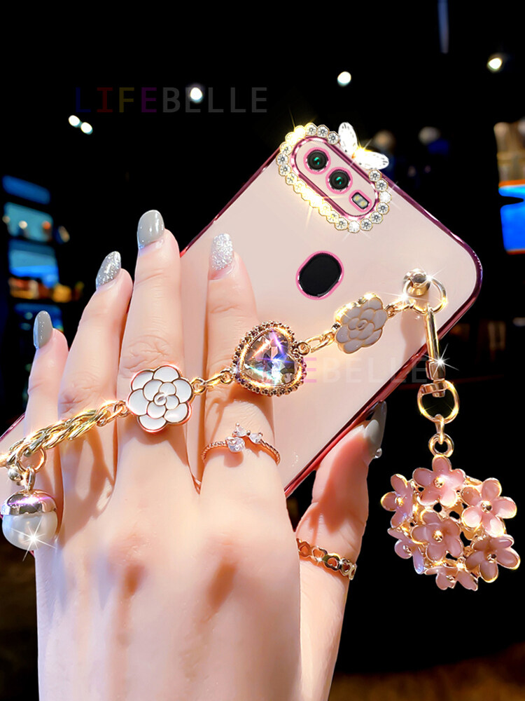 LIFEBELLE Ốp Lưng Cho OPPO A12 A11K A7 A91 A92 A74 A95 A94 A96 A16 A15 A53 A73 A77 A57 A17 Ốp Lưng Điện Thoại Nữ Mạ Sáng Bóng Dây Đeo Cổ Tay Hoa & Kim Cương Giả Ốp Lưng Bảo Vệ Chống Sốc Silicon TPU Mềm
