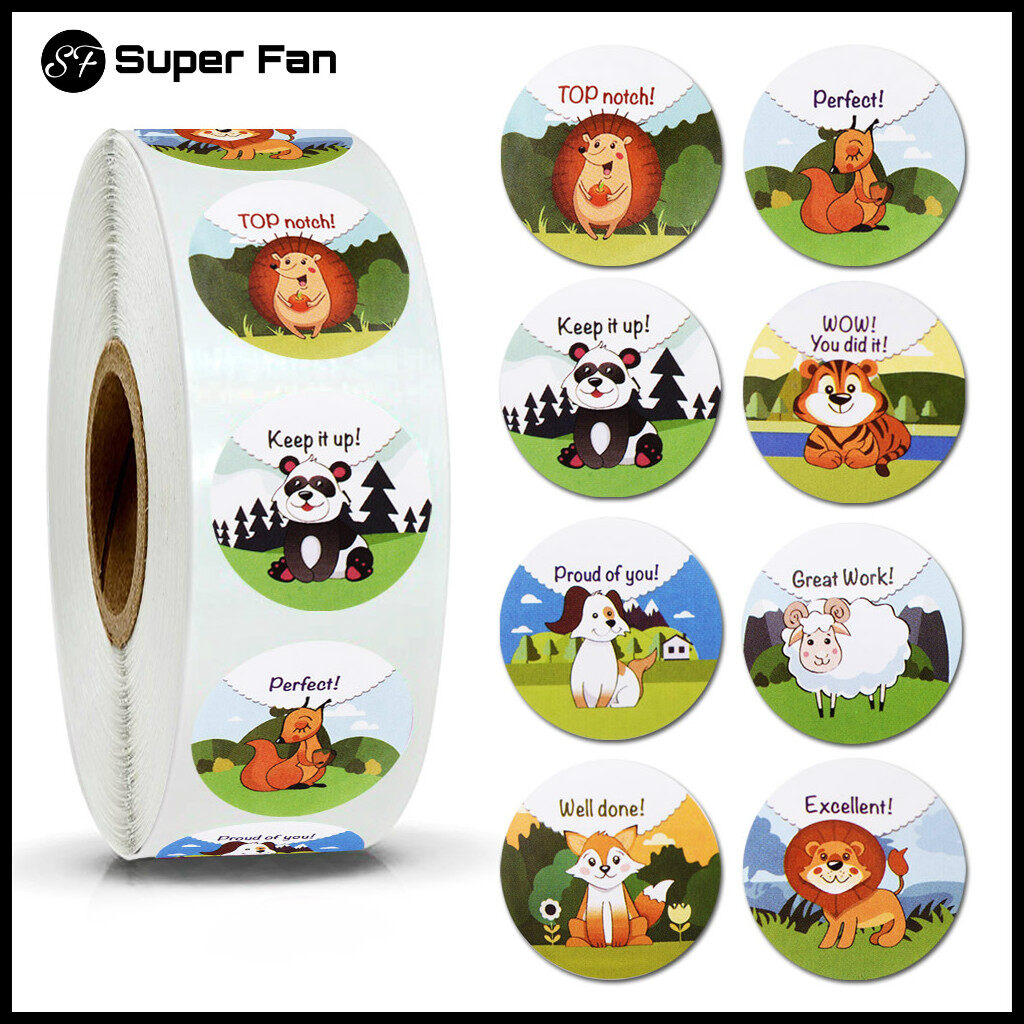 (Super Fan) 500pcs Reward Stickers Encouragement Sticker Roll for Kids Motivational Stickers with Cute Animals for Students and Teachers
