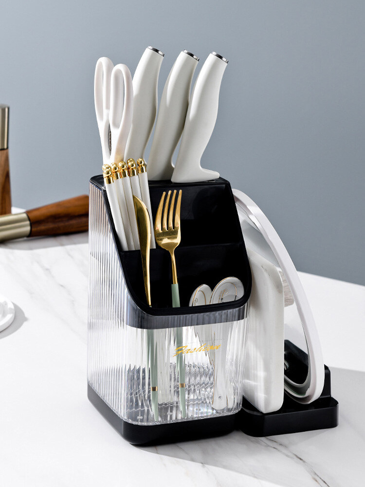 Multi-function transparent chopstick barrel, draining chopstick cage, knife holder, cutting board, pot lid rack, kitchen finishing shelf, knife storage
