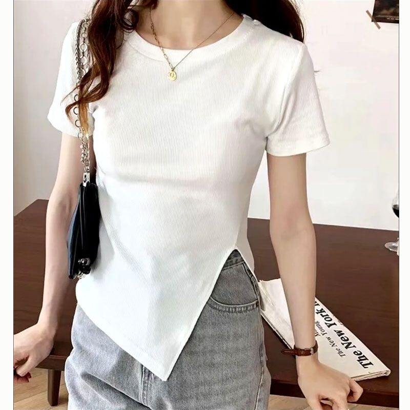 CHICCHIC Áo Thun Ren Nữ Áo thun xẻ tà