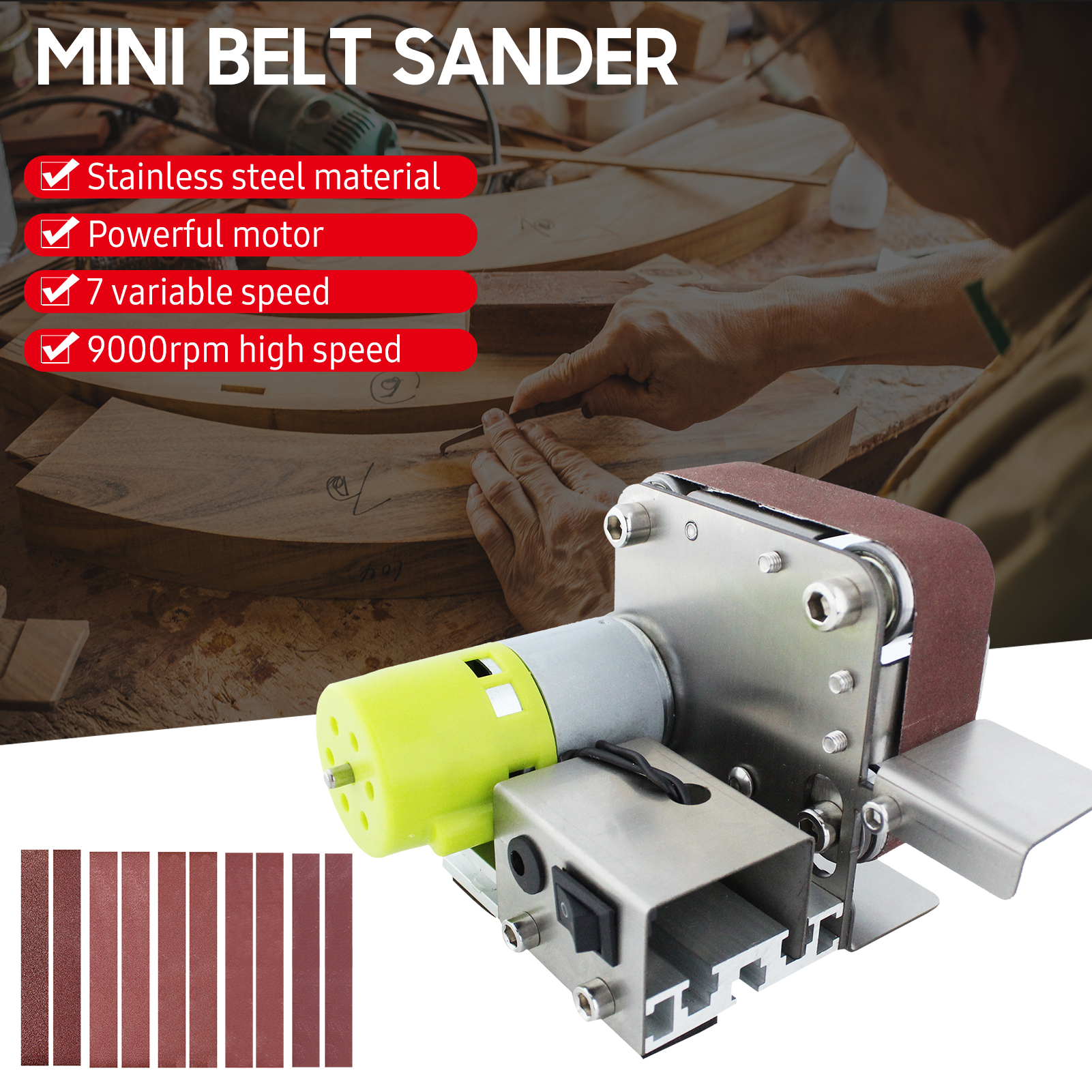 Mini Belt Sander Electric Sanding Polishing Grinding Machine 7 Variable Speed with 10 Sanding Belts for Polishing Wood Metal