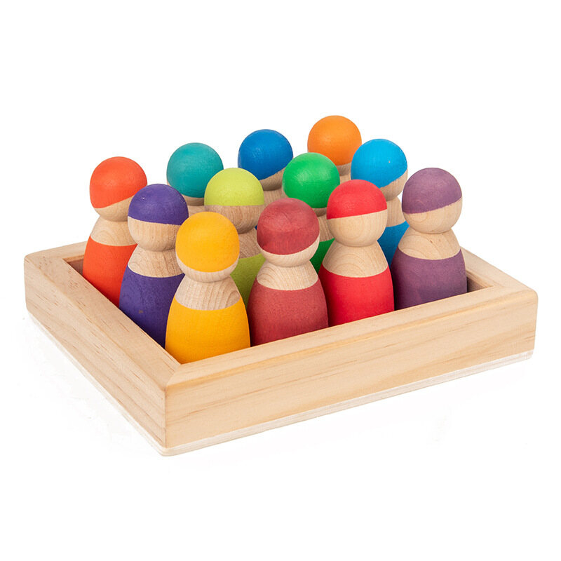Baby Wooden Toys 12pcs Rainbow Matte Friends Peg Dolls With Base Wooden Pretend Play Toy Educational Learning