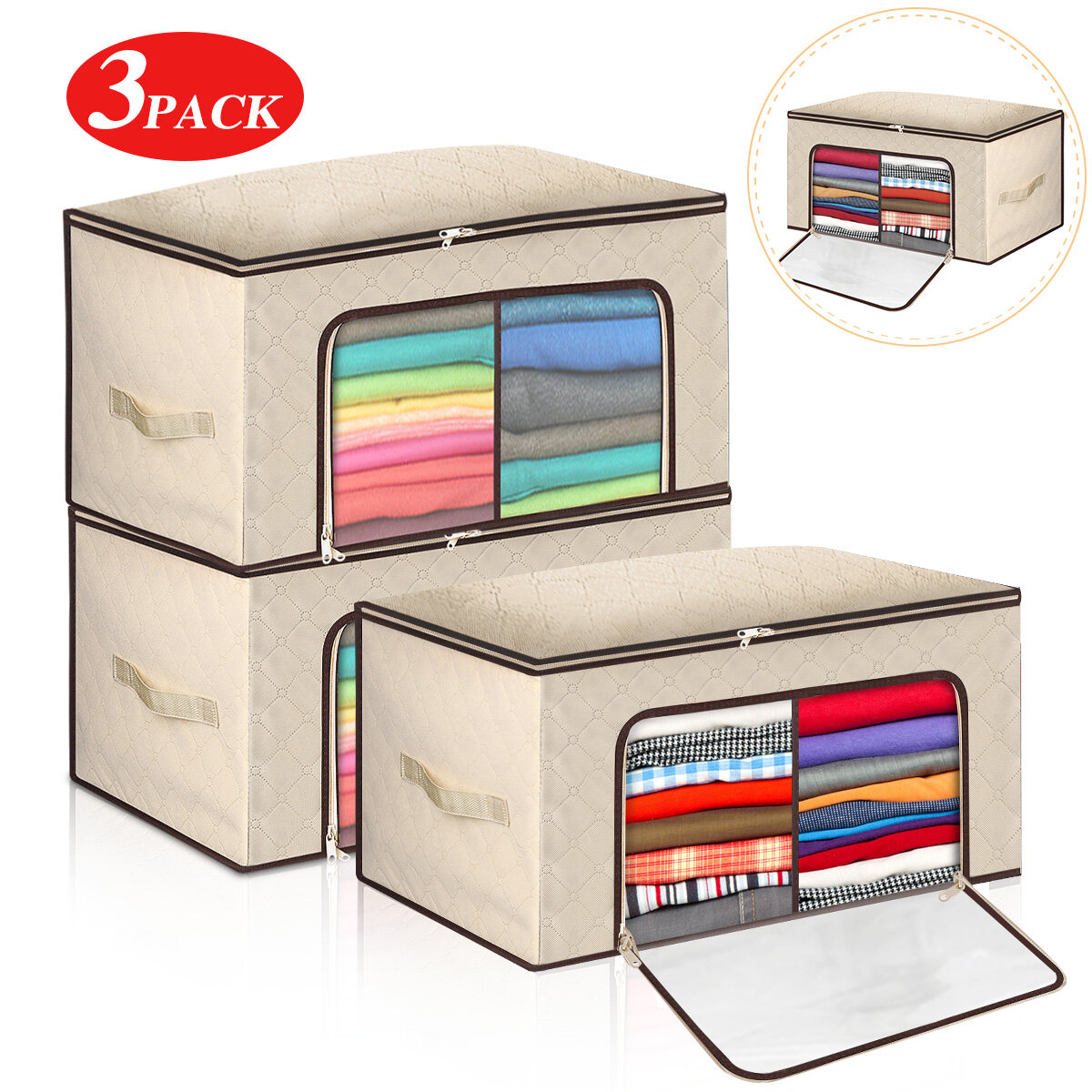 3Pcs Oxford Storage Box Cloth Stackable Storage Box Foldable Storage