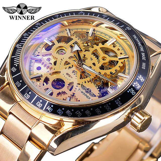 Pemenang Pria Jam Tangan Mekanis dengan Automatic Wind Emas Hitam Jam Tengkorak Gelang untuk Pria Tahan Air