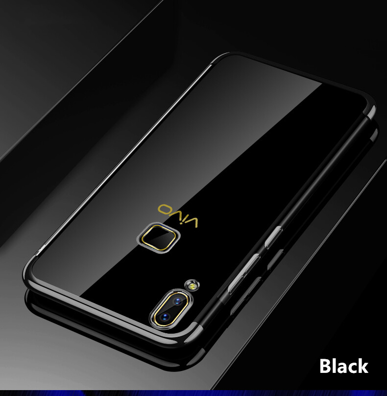 For Vivo V11i 1806 Soft Flexible TPU Jelly Case Crystal Clear Back with Luxurious Metal Luster Edge Phone Cover