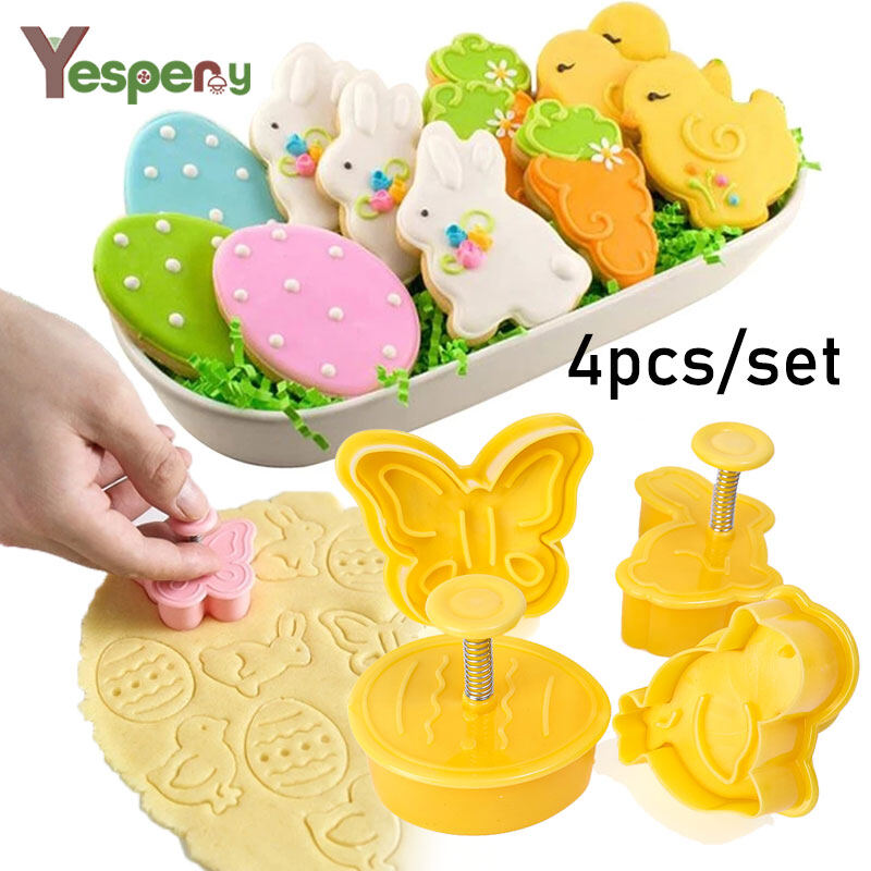 YESPERY 4Pcs/Set Easter Biscuit Cookie Cutter Egg Rabbit Chick Butterfly Plastic Plunger Fondant Pastry Set Mold Decor Baking Tools
