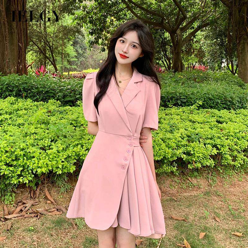 IELGY High-quality irregular waist short-sleeved women's dress