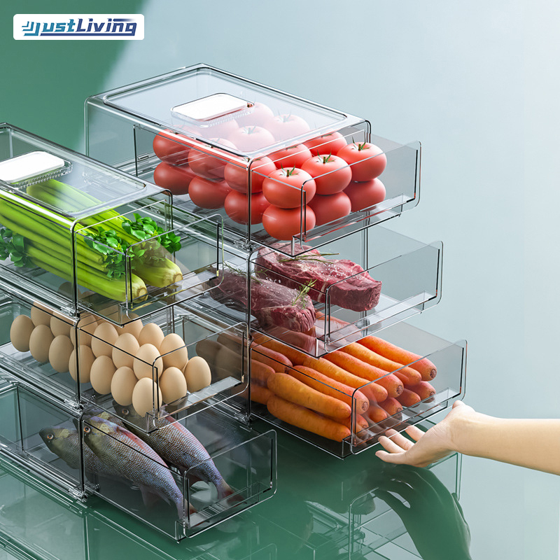 JustLiving Stackable Drawer Fridge Organizer PET Refrigerator Food Storage Box Container Refrigerator Fresh-keeping Freezer Kitchen Food Storage Dispensers