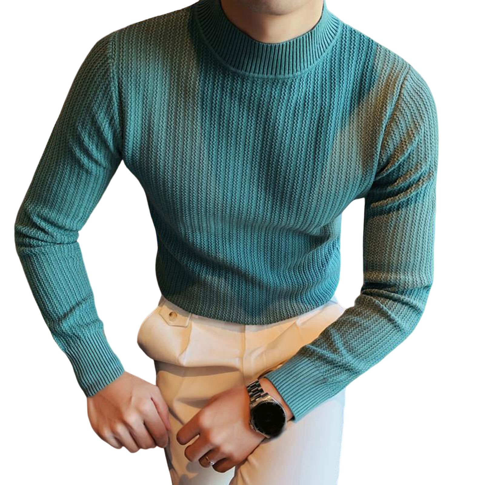 Yitu hommes hiver pull col mi-haut couleur unie manches longues rayé Texture confortable dissiper le froid décontracté Pure574_voghion.com