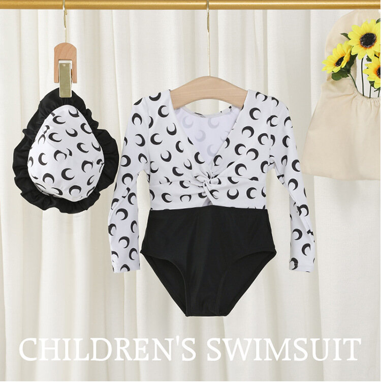 Baby Long Sleeve Swimsuit with Hat Korean Style Printed Vneck Swimming