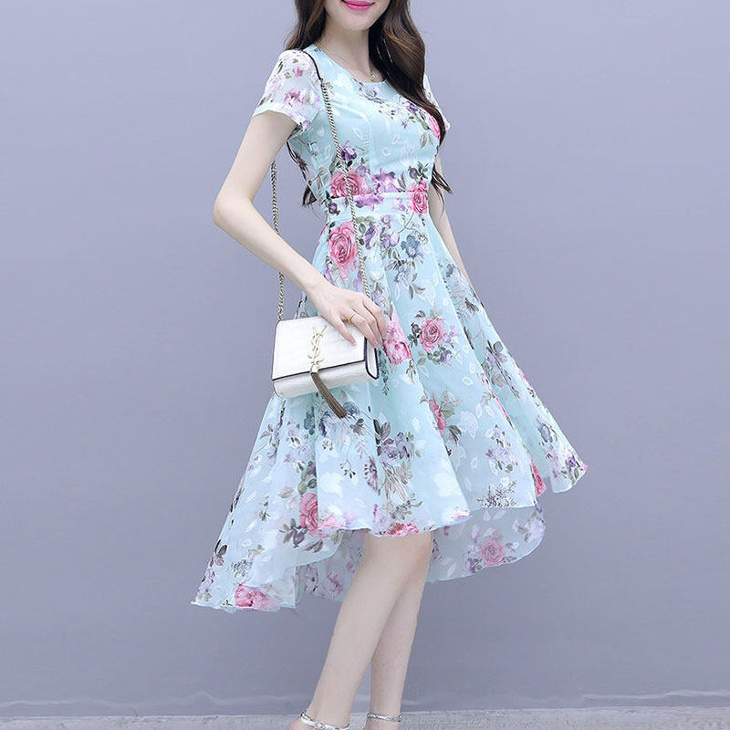 XIYUYI ĐẦM Cho Nữ, Mori Đầm Tay Ngắn Lụa Băng Mỏng In Họa Tiết Bất Đối Xứng