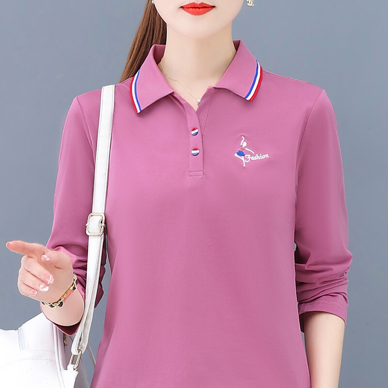 Pure Cotton Long Sleeve Polo Shirt 2021 Women New Spring and Autumn Lapel Top Embroidery Sport Casual Wear T-shirts