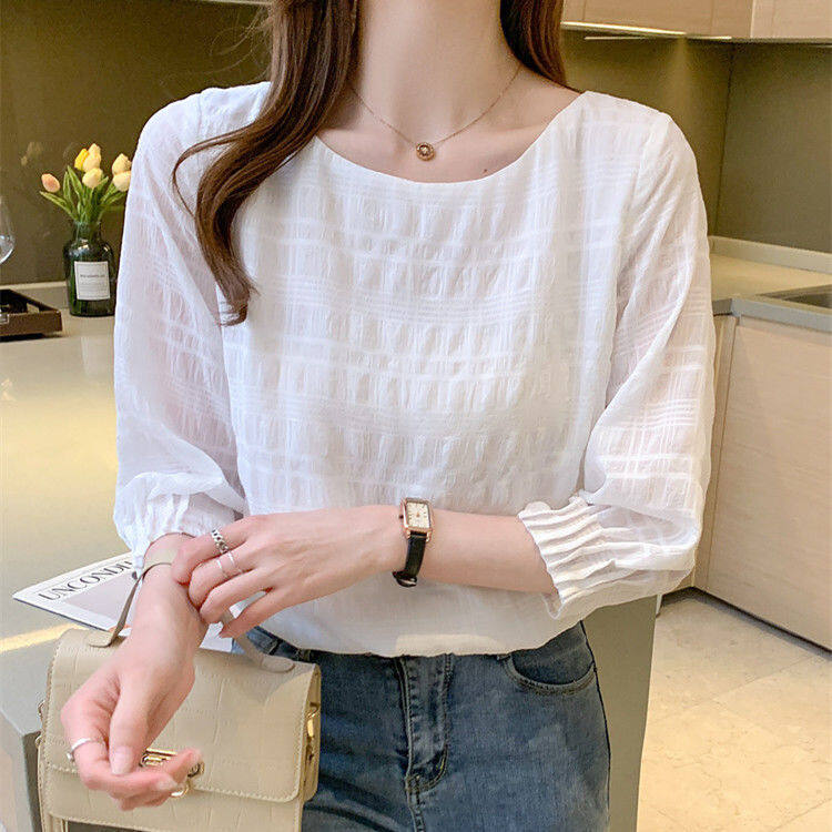 Ladies 2022 new Korean version of the three-quarter sleeve fashion all-match temperament white shirt loose cover the stomach small shirt
