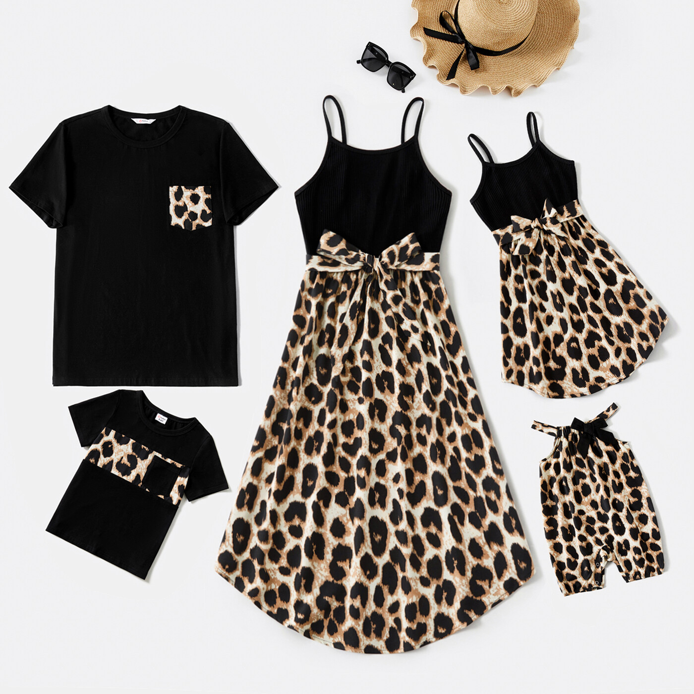 PatPat Family Matching 95% Cotton Short-sleeve T-shirts and Rib Knit Spliced Leopard Belted Cami Dresses Sets