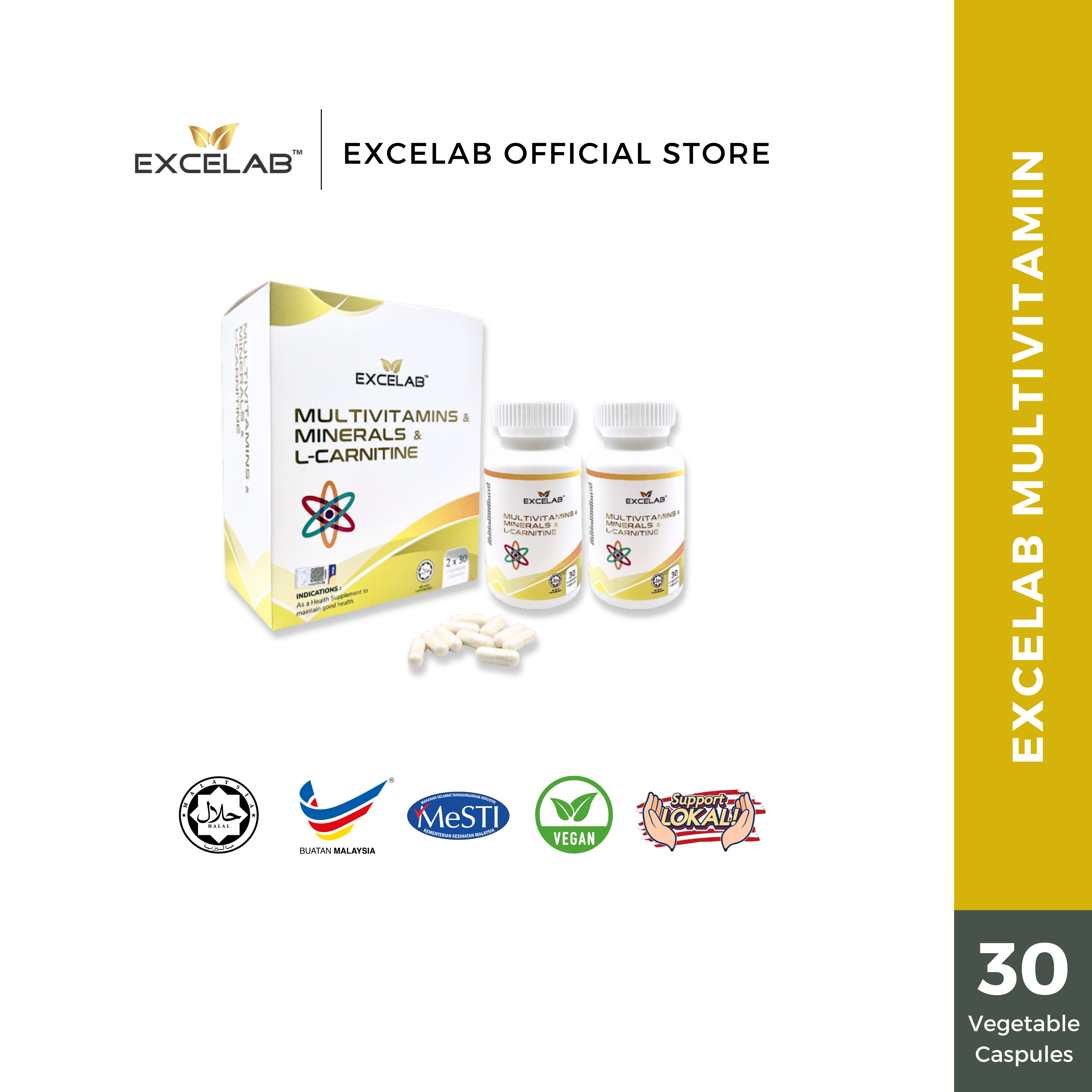 EXCELAB Multivitamin & Mineral Plus L-Carnitine [Tingkatkan Tenaga dengan  20 Jenis Vitamin & Mineral] [Halal, MAL] (2X30 Biji) Otot, Pemulihan,  Pemakanan