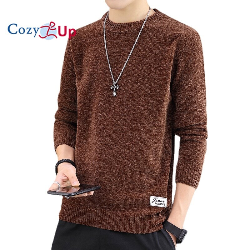 Cozy Up Men Long Sleeve Sweater Solid Color Slim Round Neck Plus Velvet Thick Knit Pullover