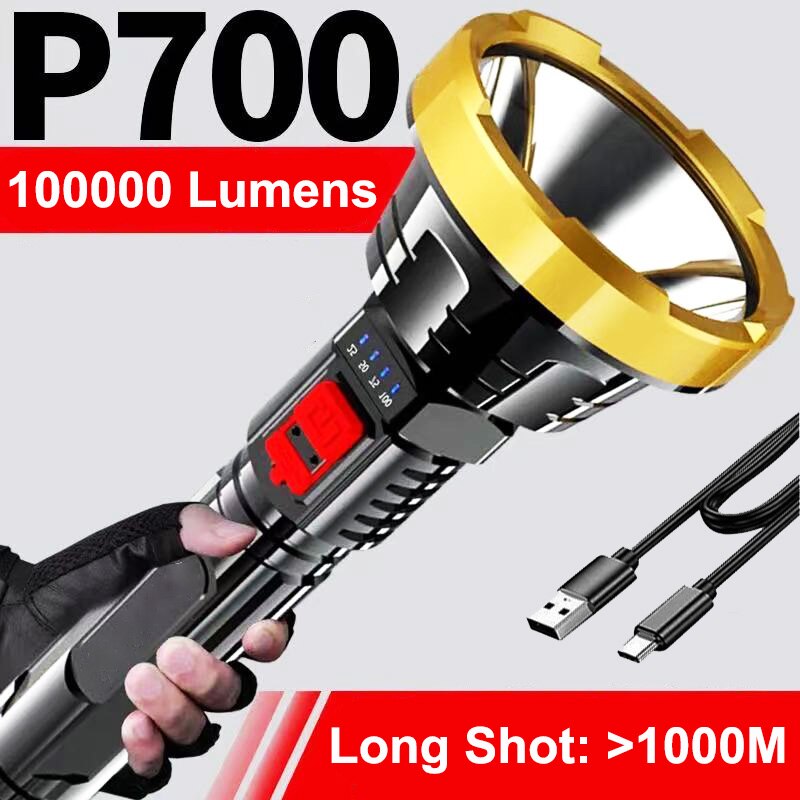 Torch flashlight 100000 lumens rechargable LED Flashlight waterproof original Flashlight Powerful search light long range waterproof handheld flashlights 1000m searchlight flashlight heavy duty Flashlight Camping Hand Light USB Rechargeable
