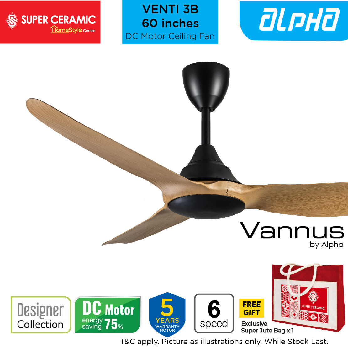 ALPHA VANNUS VENTI MAPLE 60" DC Motor Ceiling Fan Remote Control Kipas
