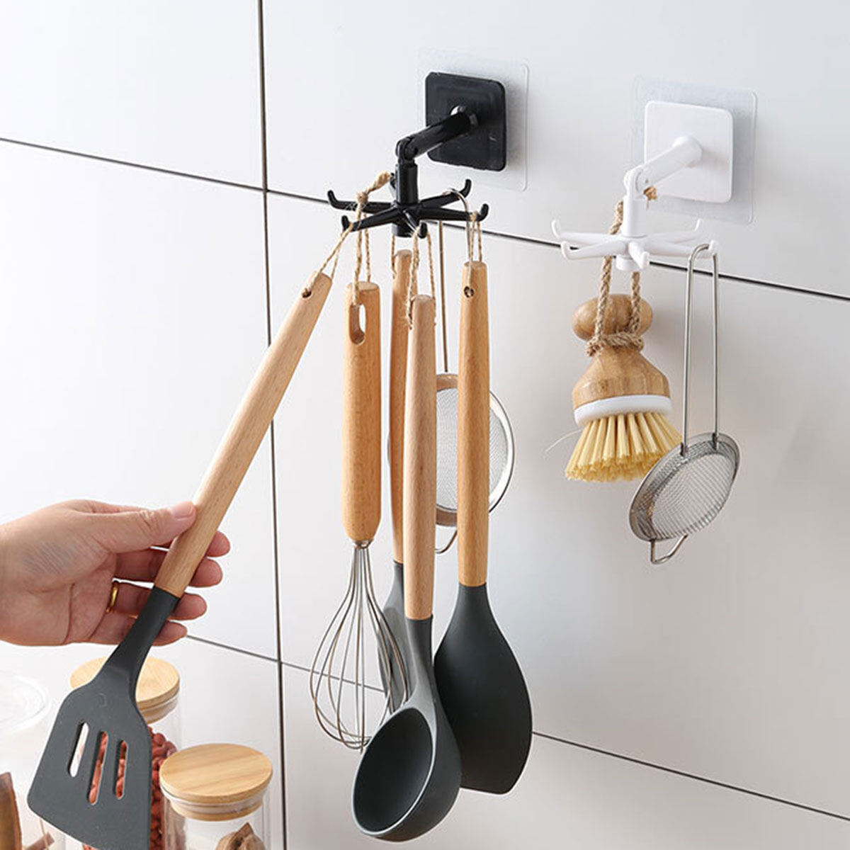 【Lightingeverthing】 Móc Đựng Đồ Xoay Tự Dính 6 Chấu Tiện Ích Nhà Bếp Phụ Kiện, Móc Treo Tường Phòng Tắm Móc Áo Xoay 360 ° Phổ Móc