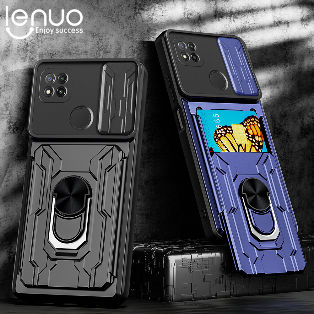 Lenuo push window armor phone case for Xiaomi Redmi 10C 9C 9A 10 with card slot protection camera finger ring back cover