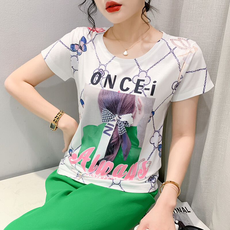YIMEI Beautiful and Personalized Women's T-Shirt 2023 Summer New Fashion Printed Letter T-Shirt Women Short Sleeve Slim Fit Cotton Top Women