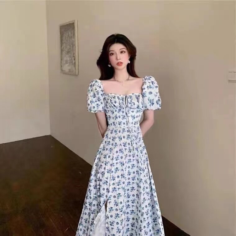 XIYUYI Đầm Phong Cách Hàn Quốc Cổ Vuông Váy Midi Hoa Đầm Một Bên Vai Rộng Váy Xẻ
