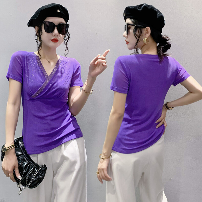 YIMEI Áo Thun Nữ Đẹp Quảng Châu Áo Phông Tay Ngắn Cổ Chữ V Kim Cương Nổi Bật Áo Phông Lưới Hở Áo Lót Cà Phê Thời Trang Nữ Ôm Vừa