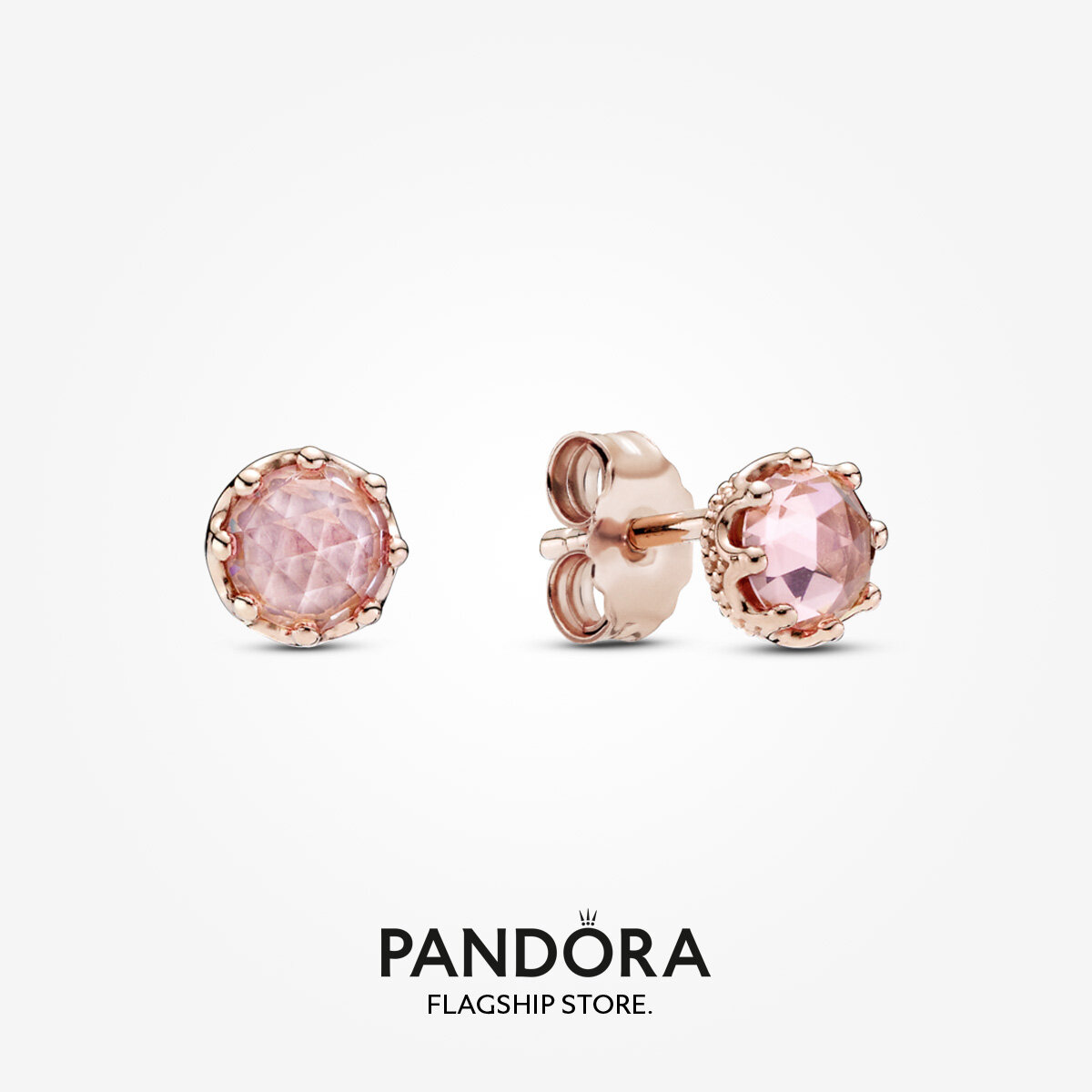 2022 New Original Pandoras 14k Rose Gold Plated Pink Sparkling Crown Stud Earrings