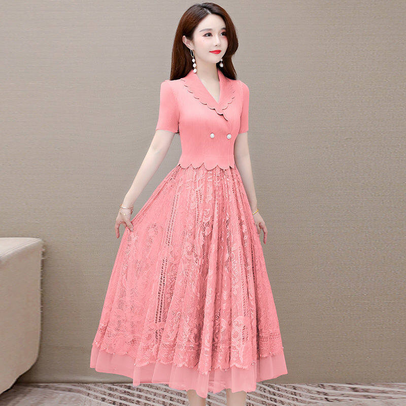 Two Fake Lace Dresses Women's 2023 New Temperament Waist Slim Slim Long Big Skirt
