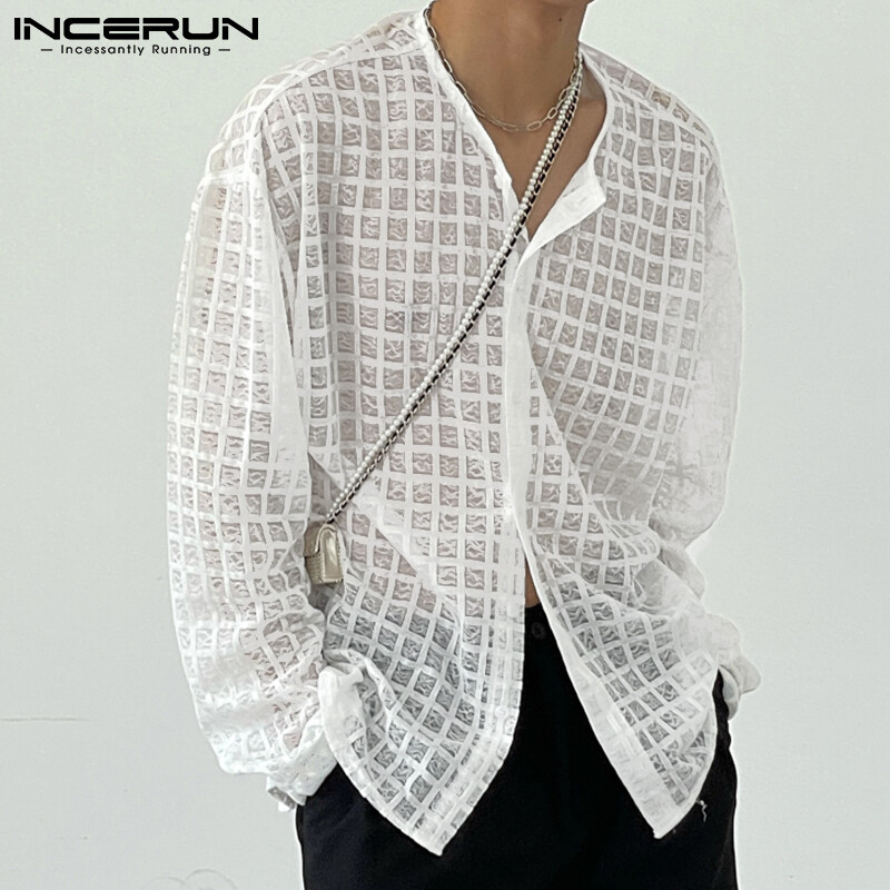 (Korean Style) INCERUN Mens Mesh Sheer Check Printed Long Sleeve Shirts Casual Holiday See Through Tops