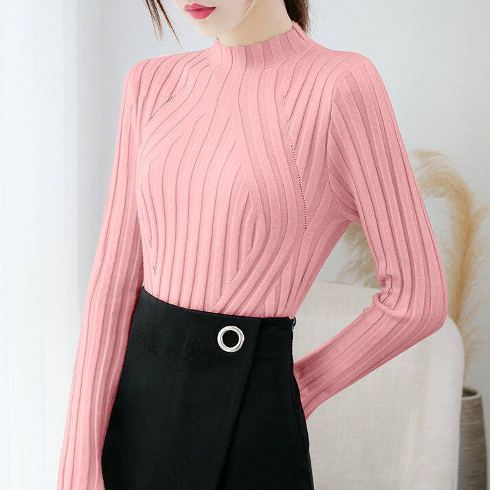 Ladies Knitted Tops Autumn Solid Color Half Turtleneck Knitwear Ladies Long Sleeve Tops New Style Sweaters Women
