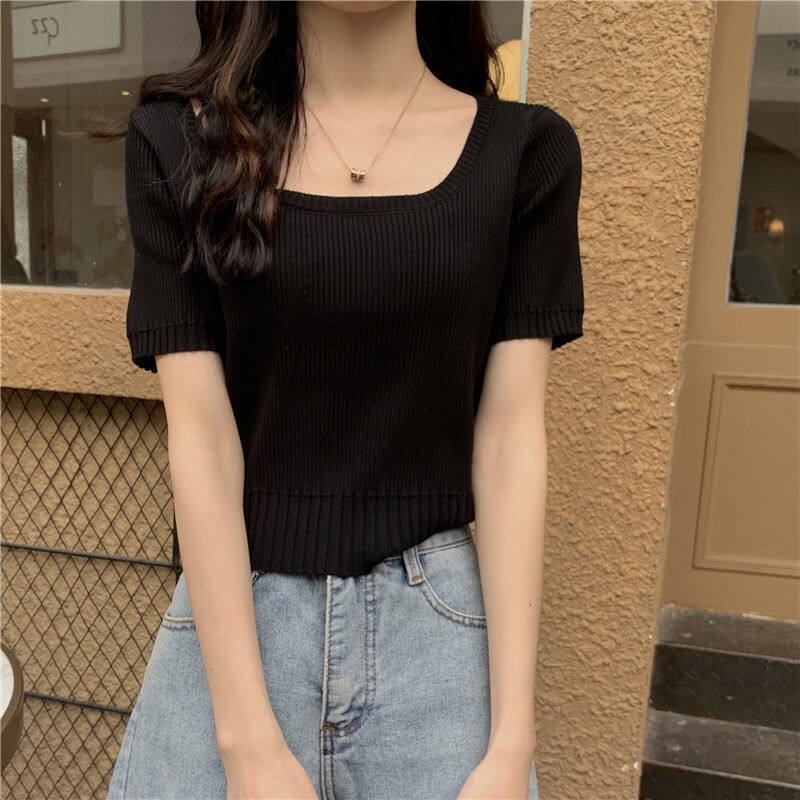 Short sleeve square neck top women's spring and summer ice silk sweater thin slim women's top