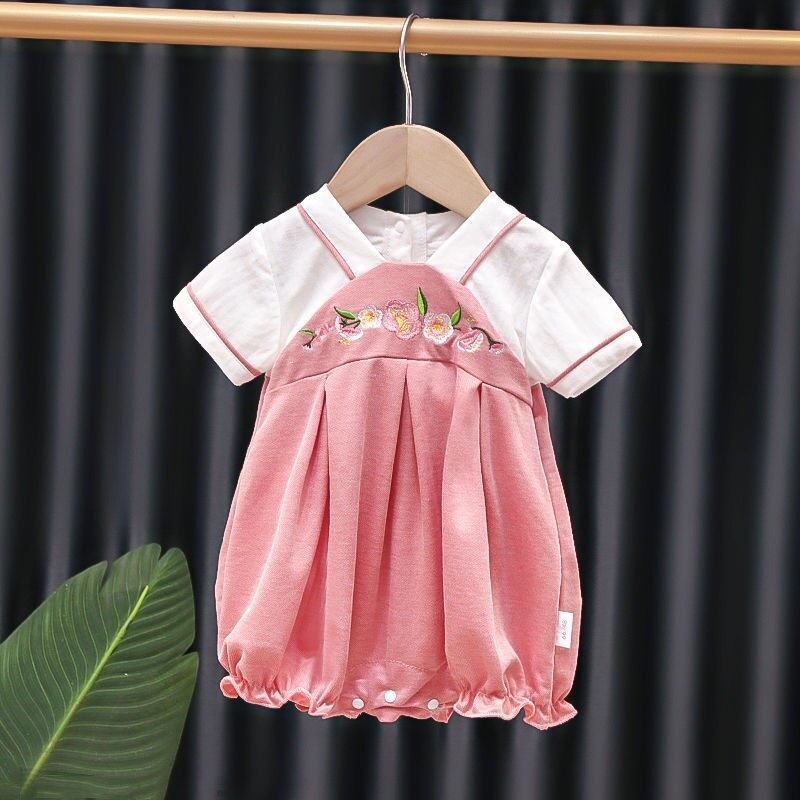 JOYNCLEON Baby Antique Embroidered Cotton Short-sleeved Jumpsuit Newborn Girl Baby Western Style Rompers