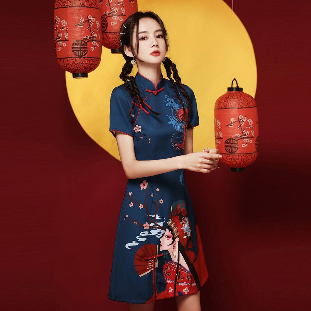 China-Chic Women's Cheongsam Fashion New Modified Chinese Style Young Small Short Dress Women