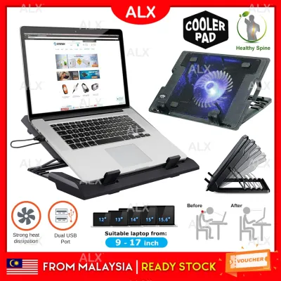 ALX Malaysia LED Large Laptop Fan Strong Wind USB Fan Notebook Cooler Fan Cooling Pad 2 USB Port 9-17" Laptop Stand 手提电脑支架