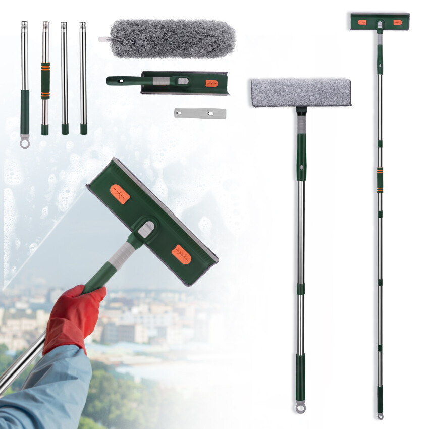 Window Squeegee Cleaner 2 In 1 Rotatable Window Cleaning Tool Kit With Extension Pole, 94‘’ Telescopic Window Washing Equipment With Bendable Head For Indoor/Outdoor Car Glass