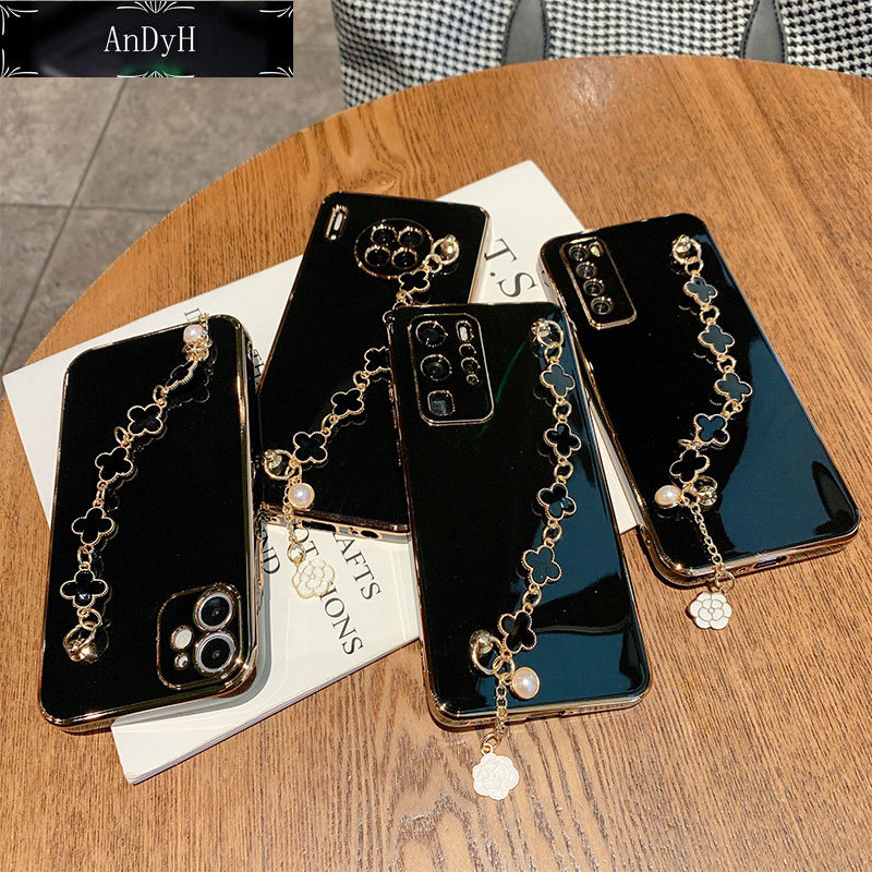 AnDyH Straight Edge Plating Phone case For Samsung Galaxy J6 Plus casing,Precise Camera Protection cases Cute girl style cover with Four leaf clover bracelet