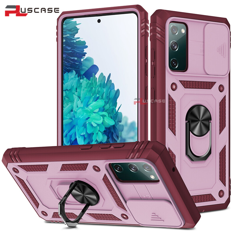 PlusCase for Samsung Galaxy S20 FE Slide Camera Lens Case Ring Stand Card Slot Casing Military Grade Shockproof Cover