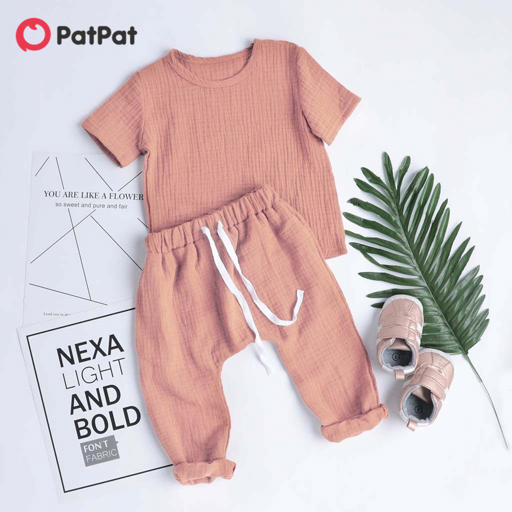 PatPat Baby / Toddler Solid Short-sleeve Linen Top and Pants Sets for Baby Clothing Sets-Z