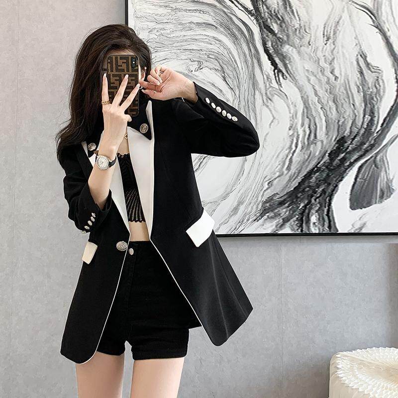 Senior Black Suit Jacket Women's 2022 Spring French Contrast Slim Short Top Blazer for Ladies