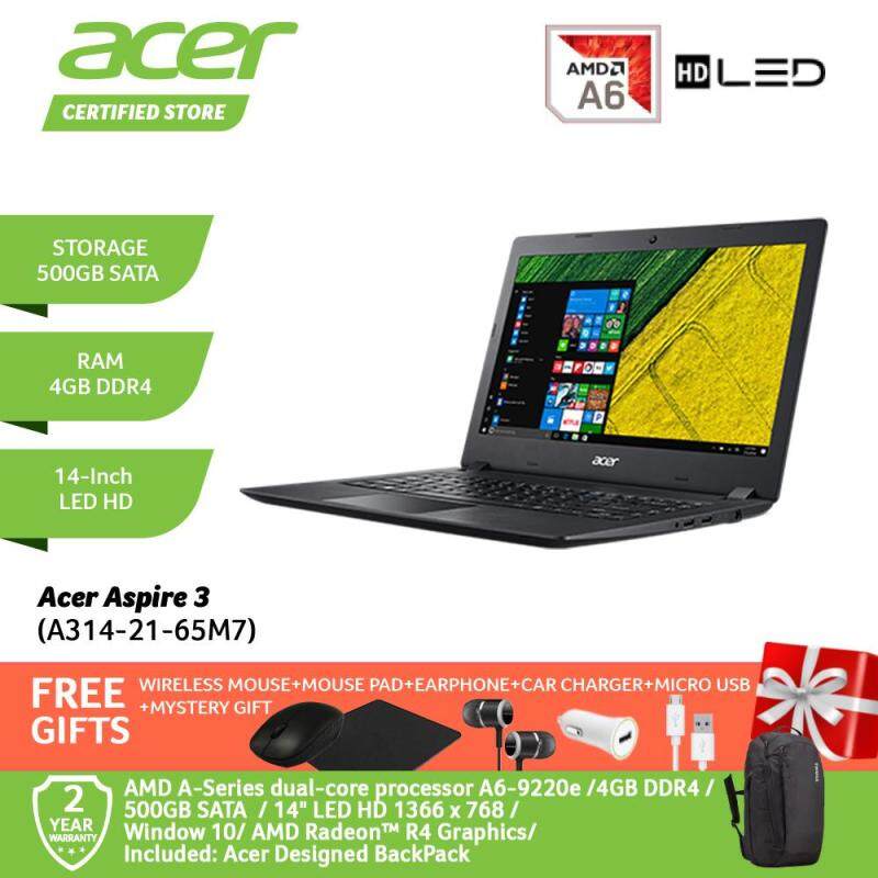 Acer Aspire 3 A314-21-65M7 Notebook NX.HERSM.002 Obsidian Black /e Processor A6-9220e/4GB/500GB/AMD Radeon R4/WIN 10/14-Inch HD+Free WIRELESS MOUSE+MOUSE PAD+EARPHONE+CAR CHARGER+MICRO USB+MYSTERY GIFT Malaysia